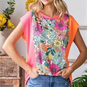 7th Ray Pink and Orange Floral Short Sleeve Top